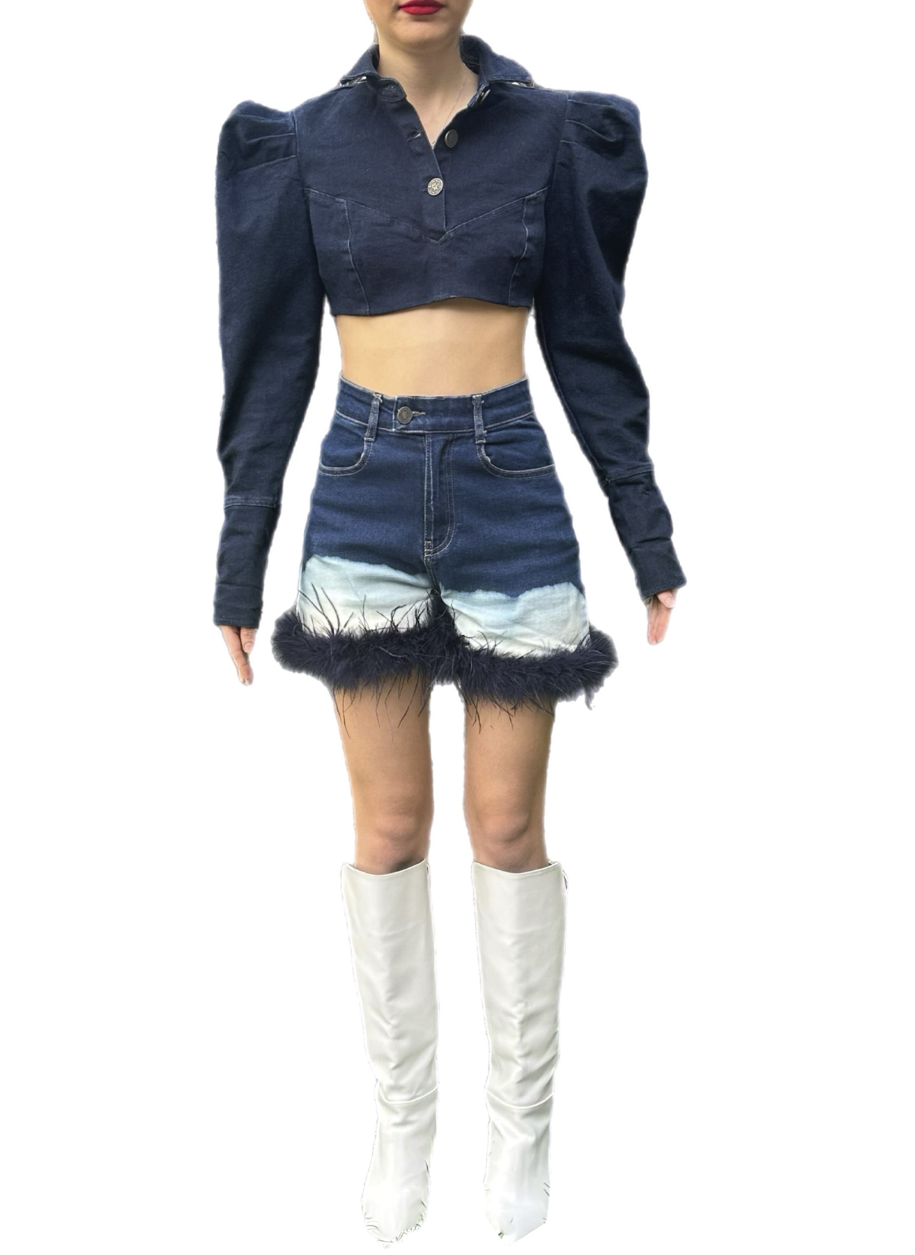 Batik desen tüy detaylı mini denim şort