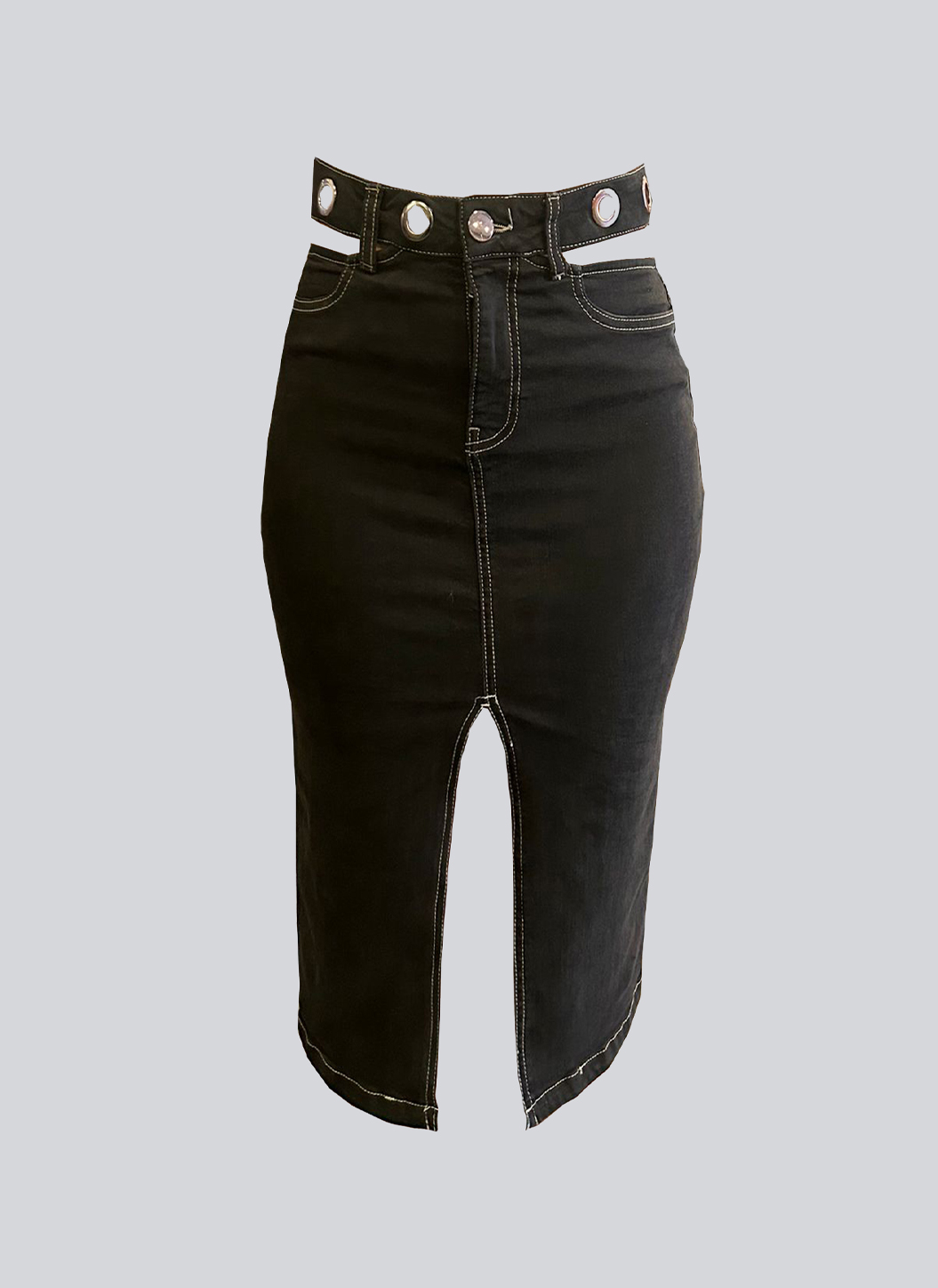 Kuşgözü detaylı yırtmaçlı denim etek