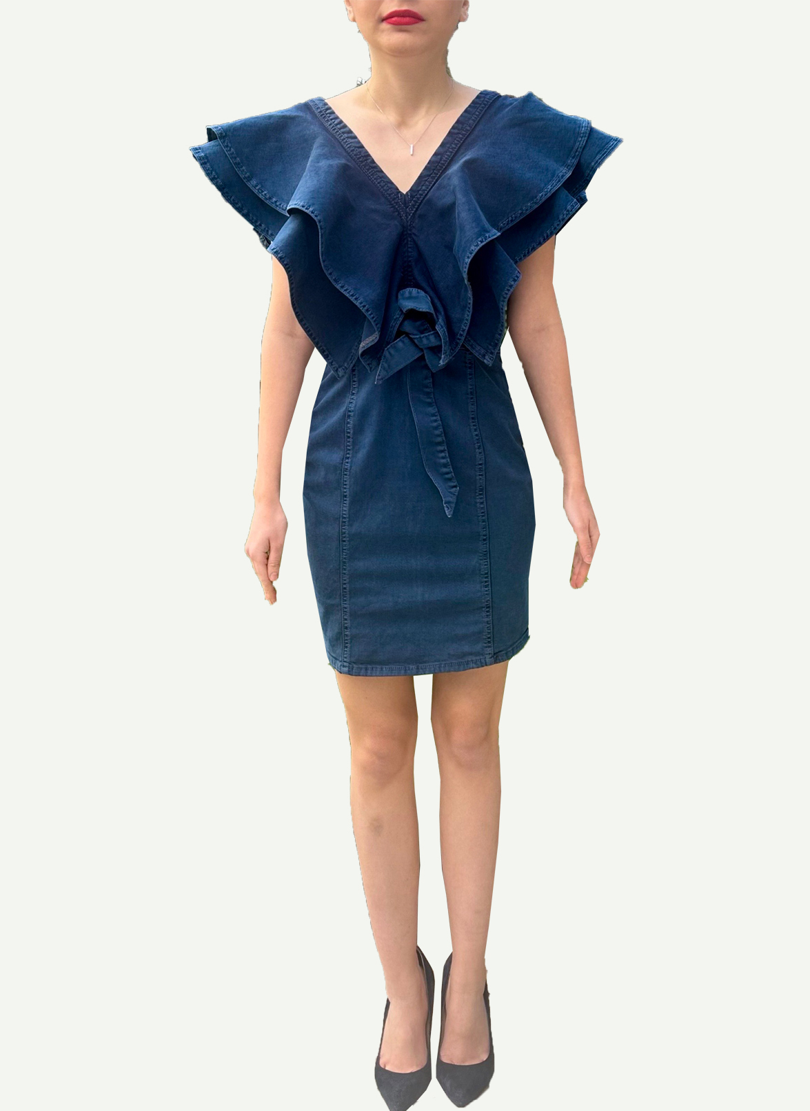 RG-108 Volanlı Mini Denim Lacivert Elbise