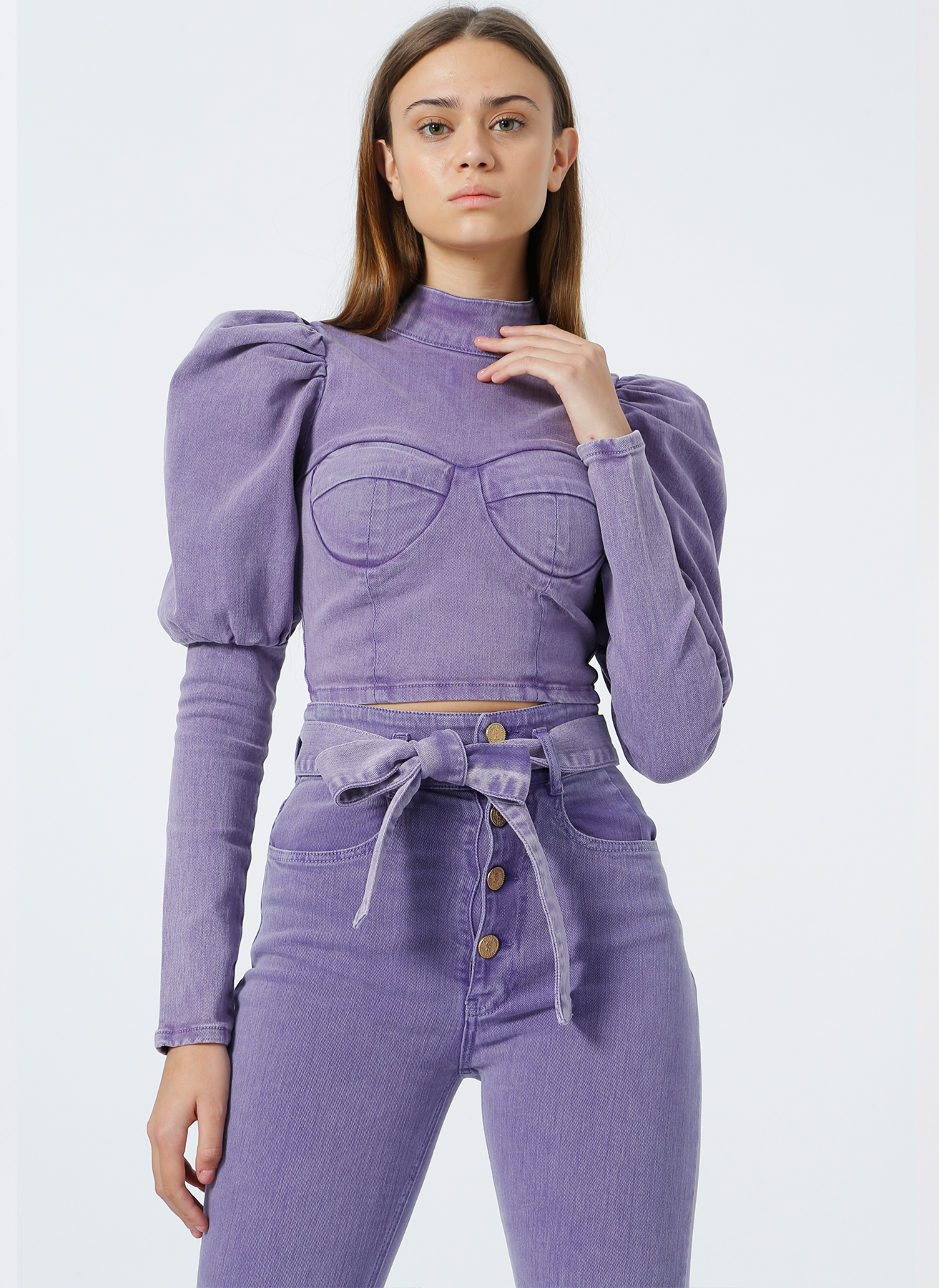 RG-505 Karpuz kol dik yaka mor denim top