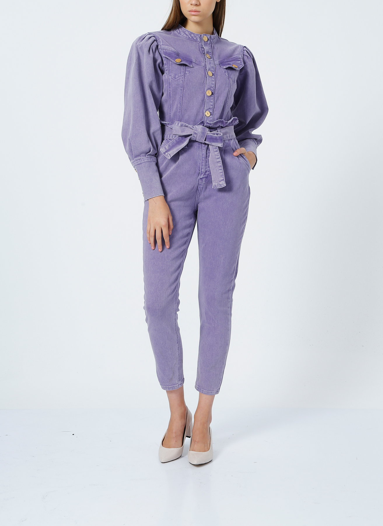 RG-700 Karpuz Kol Beli Fırfır Detay Dar Paça Mor Tulum