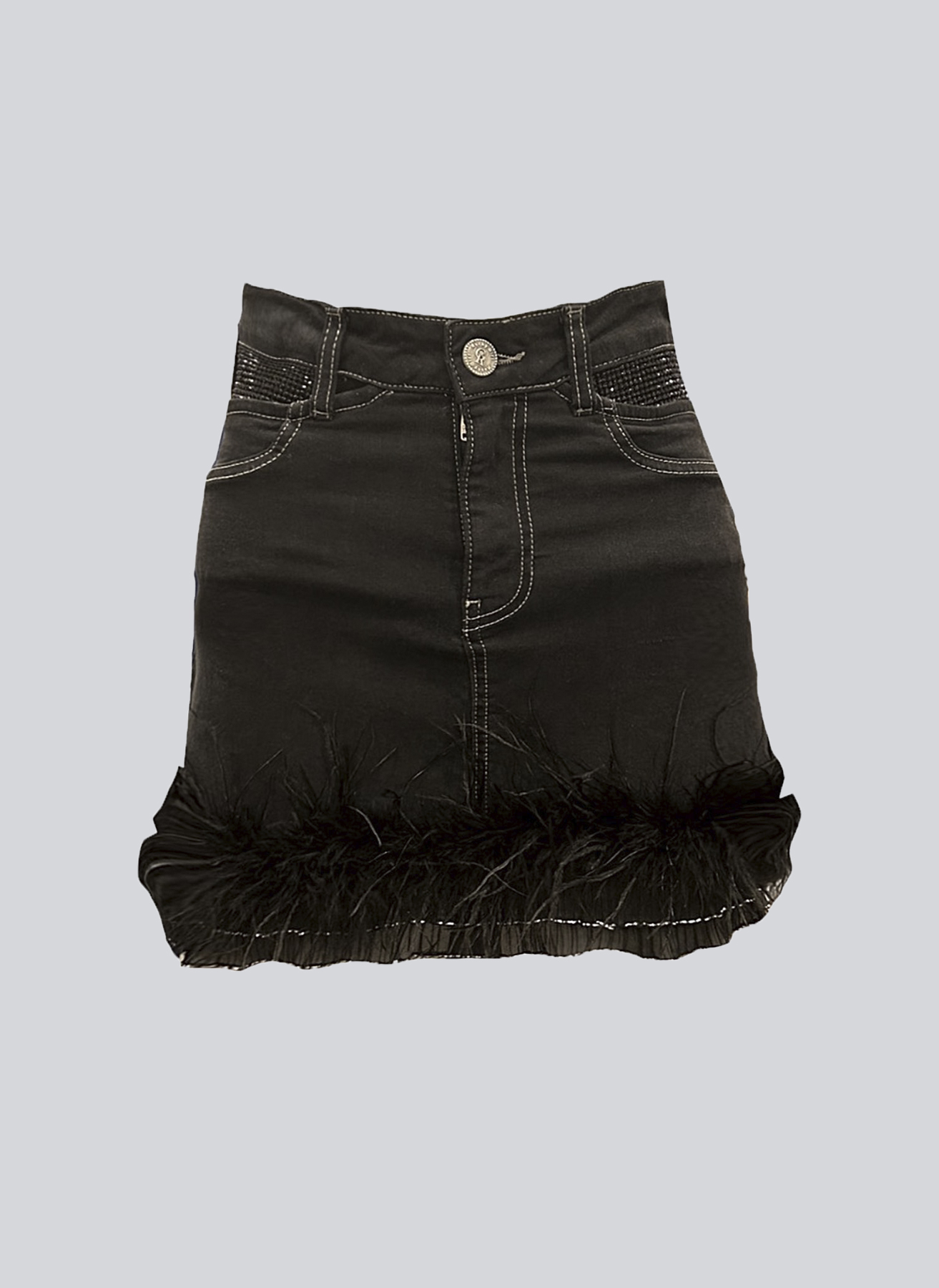 Taş detay tüy ve fırfırlı mini denim etek