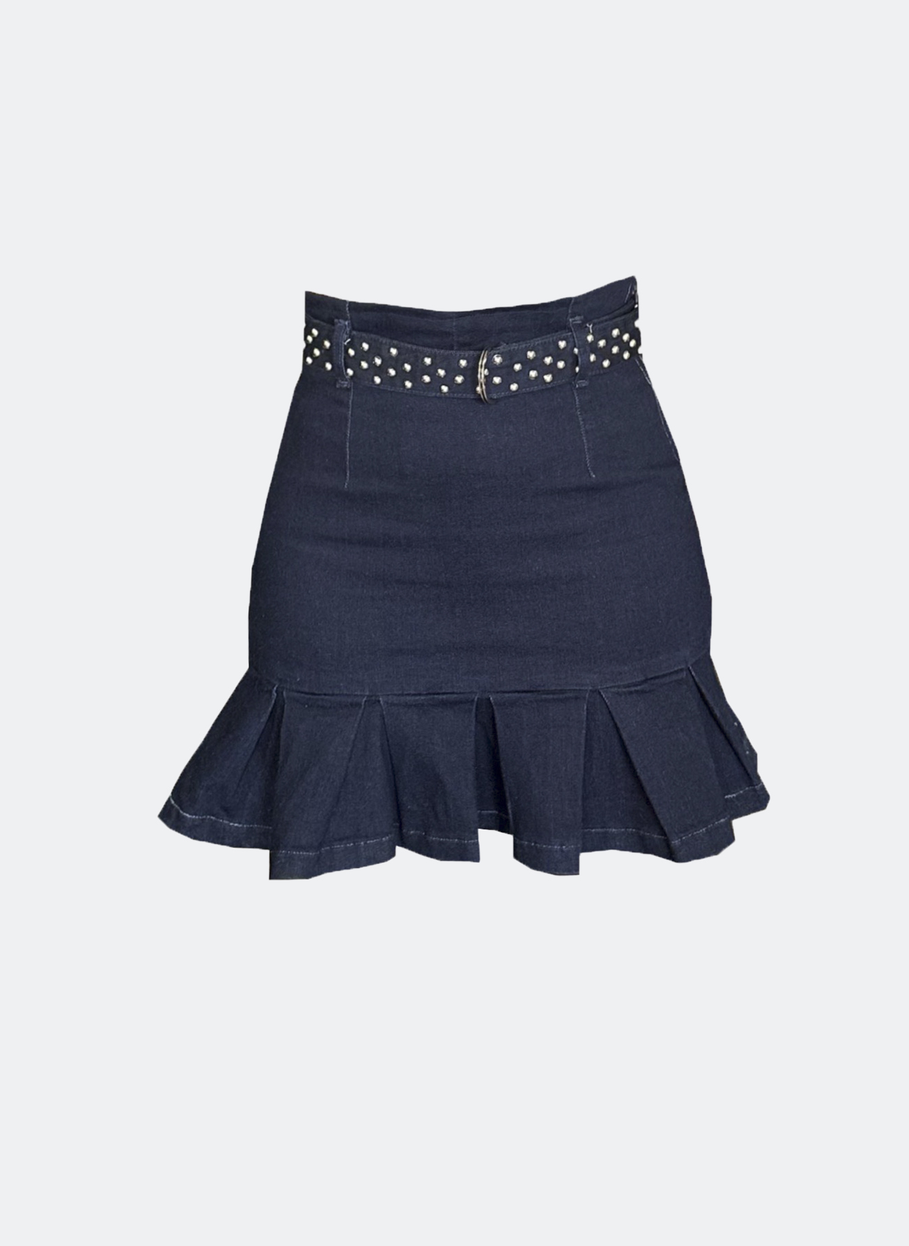 Trok detay kemerli pileli denim etek